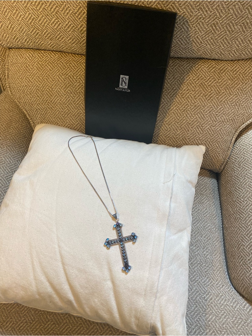 Nicky Butler 925 SS Silver Cross Necklace with Gem Moon Stones Accents